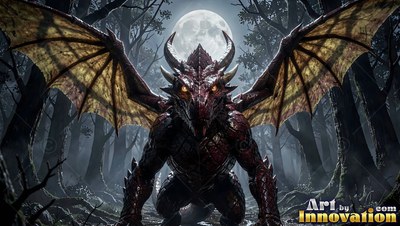 A horned red dragon spreads its wings in a dark forest under a white full moon