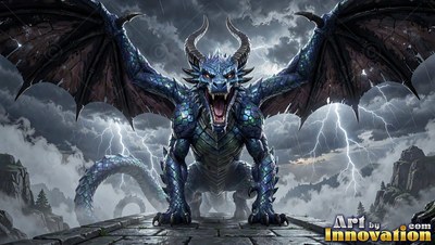 Crouched on stone, a blue dragon with horns lets out a roar under lightning clouds