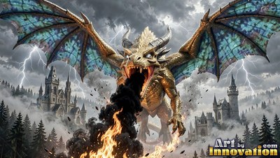 A golden dragon breathes fire and dark smoke over a castle in a lightning storm