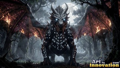 In a dark forest, a dragon with horns spreads burning wings under the full moon