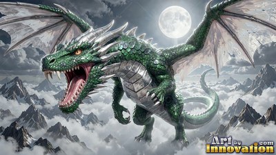 Roaring with open jaws, a green dragon flies over snowy mountains beneath a bright full moon