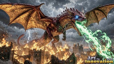 A winged dragon breathes green fire over burning stone castle towers