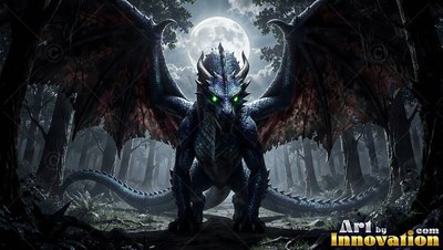 Green eyes shine from a horned blue-scaled dragon standing in a shadowy woods under a round moon