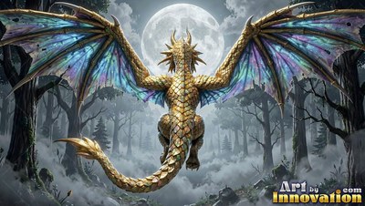 A golden dragon soars through the air toward a full moon with purple and blue wings