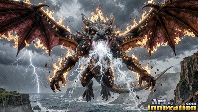 Flying forward above a stormy sea, a dragon breathes white fire