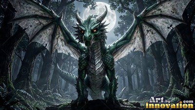 A green horned dragon stands with open wings in a deep dark woods under a bright full moon