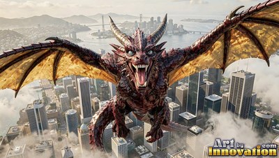 Over a modern city skyline, a red horned dragon swoops with open jaws