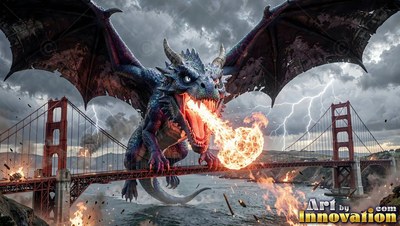 Breathing bright fire, a dragon with horns perches on a broken red suspension bridge under storm clouds