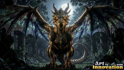 A horned golden dragon spreads wide wings under the moon in a forest