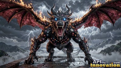 Blue eyes shine on a roaring black dragon crouched on stone tiles under storm clouds