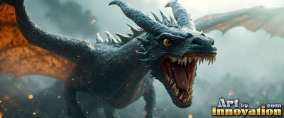 A dark horned dragon gives a loud roar with open jaws, framed by warm orange light on its wings
