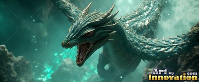 Swooping forward underwater, a teal dragon opens its jaws near bright bubbles