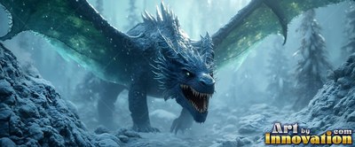 A spiky dragon with green wings walks through a snowy forest under soft light