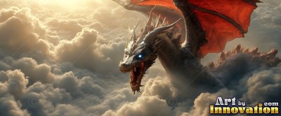 Above sunny clouds, a horned dragon with red wings roars with an open mouth