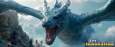 Roaring with open jaws, a blue-scaled dragon glides above rocky mountain peaks