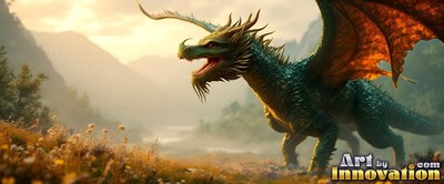Green dragon walking with open wings in a sunny valley