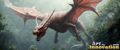 Long horns sweep back from the head of a red dragon swooping down through a misty green forest