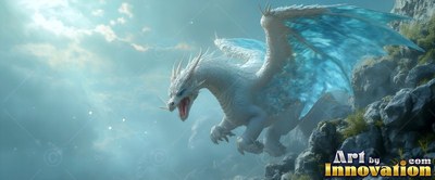 A white dragon moves through the air on open wings over rocky cliffs in pale blue sunlight