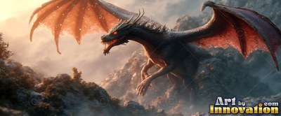 Gliding with wings spread, a dark dragon soars through the air over foggy mountains