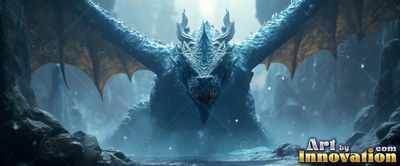 A horned blue dragon spreads wide wings while facing forward in a misty cave