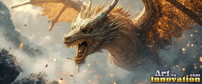 In smoky mountain air, a winged golden dragon roars with open jaws