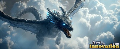 Flying through bright white clouds, a gray dragon snarls with an open mouth with bright blue eyes