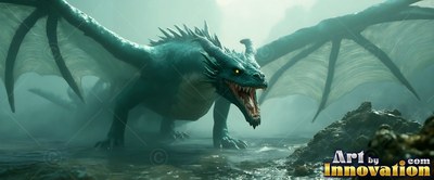 A green dragon snarls with an open mouth with open wings in a foggy valley