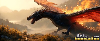Spreading red wings carry a dark dragon across a dry hillside lit by fire and hazy smoke