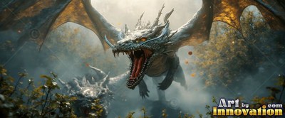 A winged dragon roars with open jaws as warm golden light filters through mist
