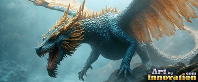Crouching on rocks, a blue-scaled dragon opens its mouth to roar with open feathered wings