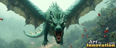A green dragon flies forward with its mouth open wide over a hazy jungle forest