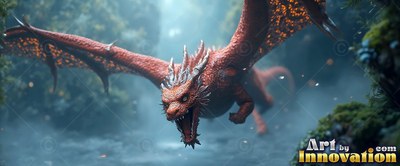 In a misty forest canyon, an orange winged dragon moves through the air on open wings forward with an open mouth