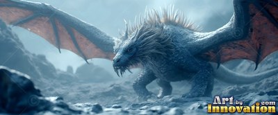 Crawling over gray rocks, a spiky blue dragon opens its wide wings