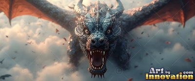 Dragon roaring with open jaws flying forward through pale clouds