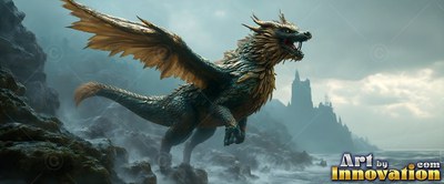 Golden feathered wings spread wide on a teal dragon running along a foggy rocky coast