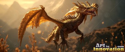 A golden dragon leaps over a rocky hill with bright sunlight shining through its wings