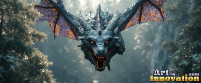 Flying forward with wings spread, a bright blue dragon snarls with an open mouth above a foggy forest