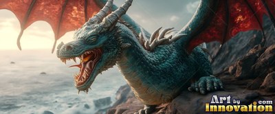 A blue dragon snarls with an open mouth on sea rocks under morning light with red wings spread