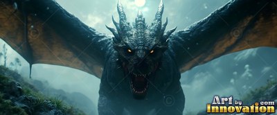 Over misty hills, a horned dark dragon spreads its wings and roars under moonlight