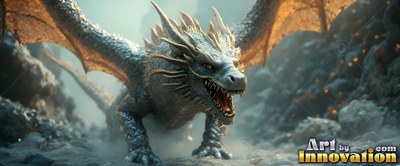 Crawling forward with spread wings, a spiky blue dragon gives a loud roar on a rocky path