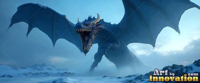 Bright blue dragon roaring with wide wings in a snowy field