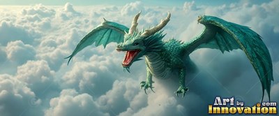 Open jaws roaring on a turquoise dragon flying over white clouds in bright daylight
