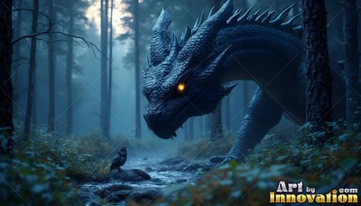 A dark dragon with two horns leans down toward a tiny owl by a creek in dim blue woods
