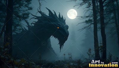 Turned in profile, a dark dragon rests in a foggy forest under the bright full moon