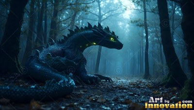 A dark scaly dragon with bright yellow eyes rests in a foggy blue forest
