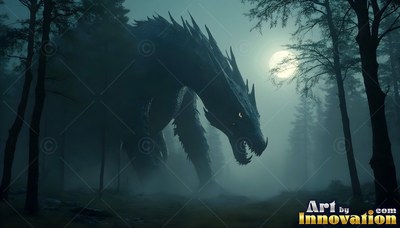 In a foggy forest under a full moon, a dark spiky dragon walks between trees