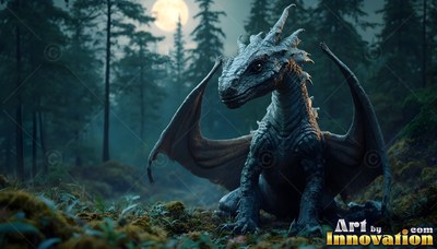 Sitting on mossy ground, a horned gray dragon rests in a dark pine forest under the bright round moon