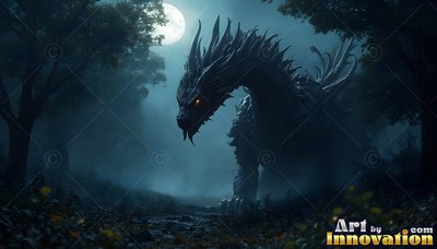 Black spiky dragon standing in a deep dark woods under the moon