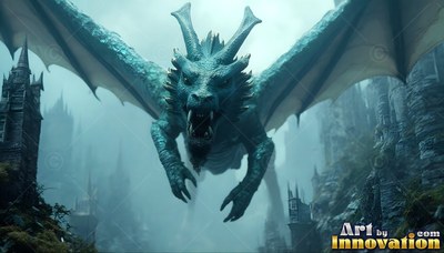Spiky horns crown a teal dragon flying forward between stone towers in pale fog