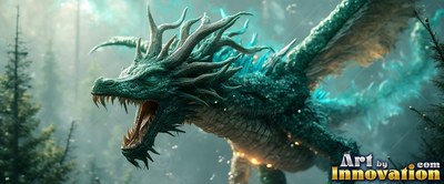 A horned green dragon gives a loud roar above a foggy pine forest, with bright blue scales on its wings